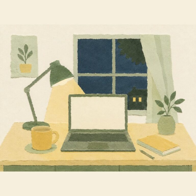 Schreibtisch am Abend mit Laptop und Lampe – Online-Deutschkurs selbstständig lernen